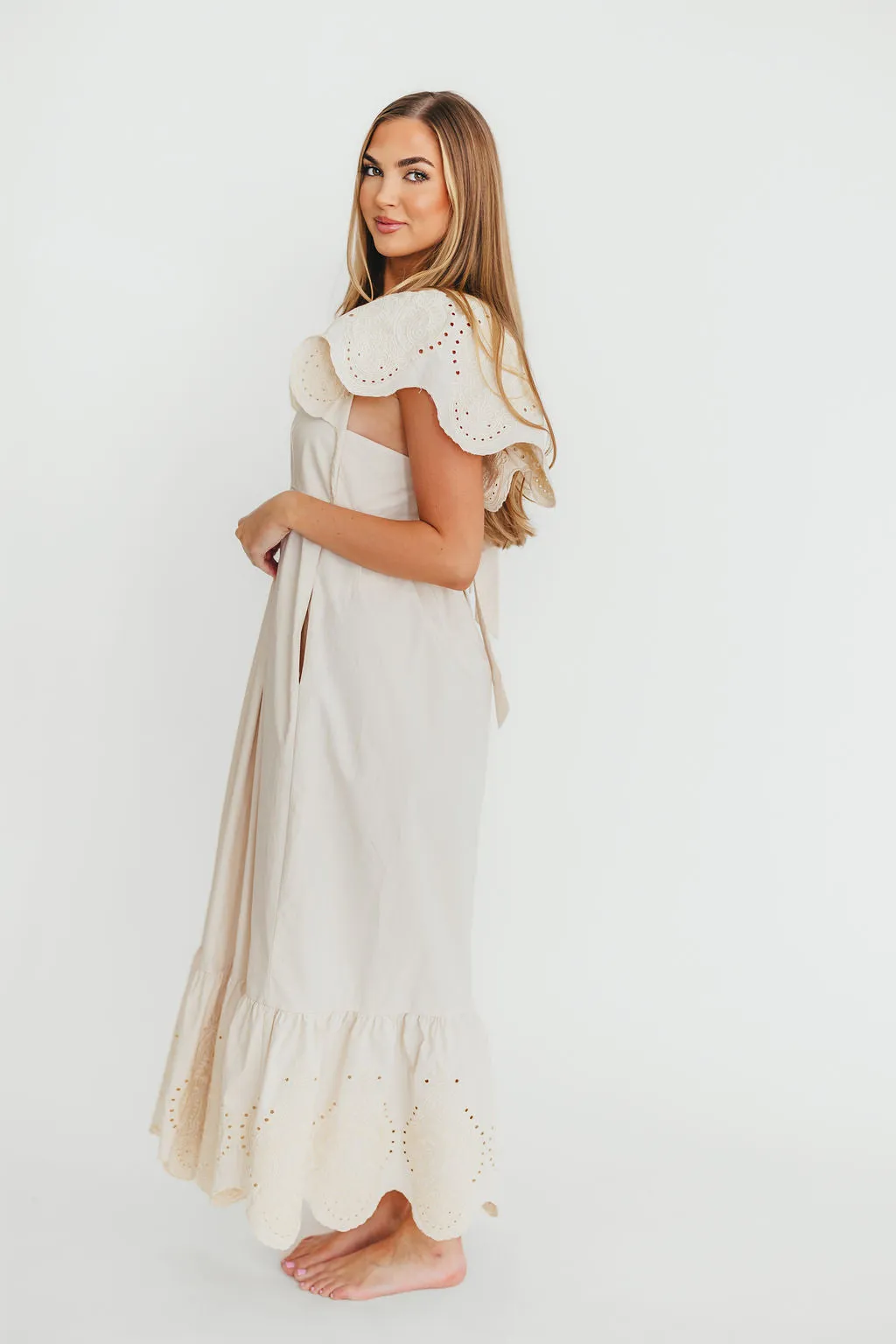 Brooklyn 100% Cotton Eyelet Detail Maxi Dress in Natural