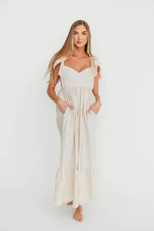 Brooklyn 100% Cotton Eyelet Detail Maxi Dress in Natural