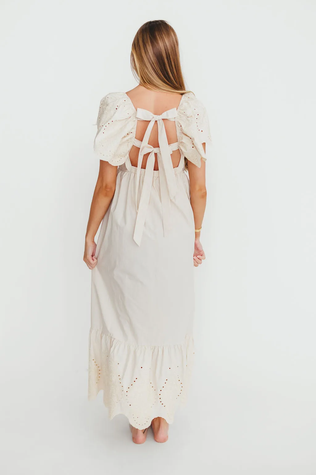 Brooklyn 100% Cotton Eyelet Detail Maxi Dress in Natural