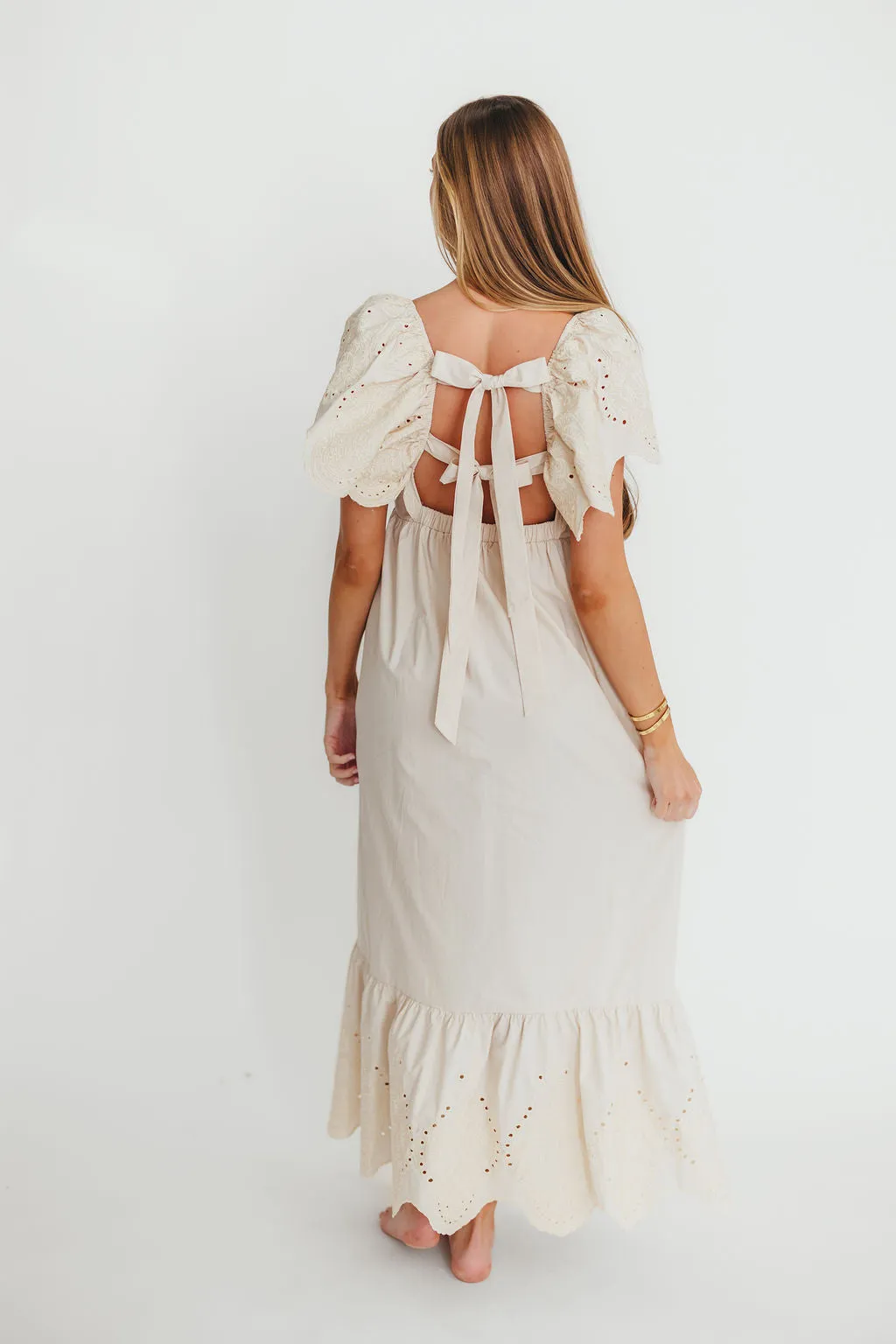 Brooklyn 100% Cotton Eyelet Detail Maxi Dress in Natural