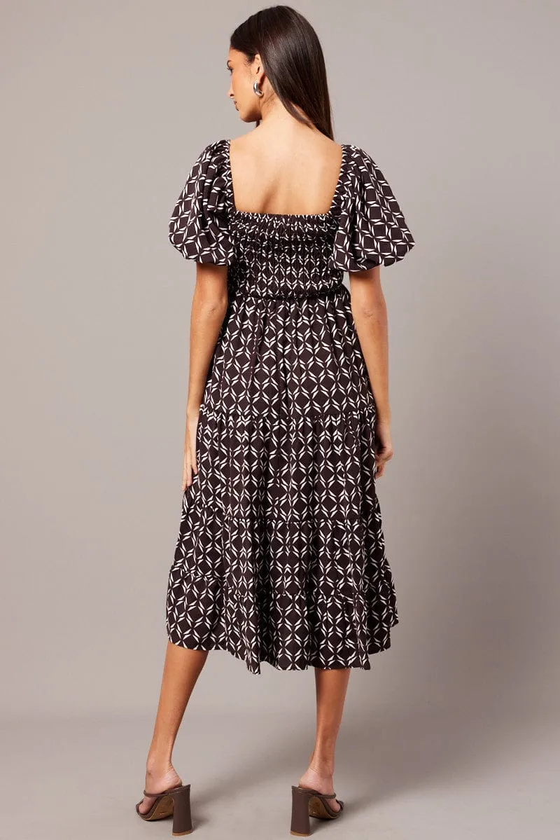 Brown Geo Midi Dress Puff Sleeve Shirred Bust