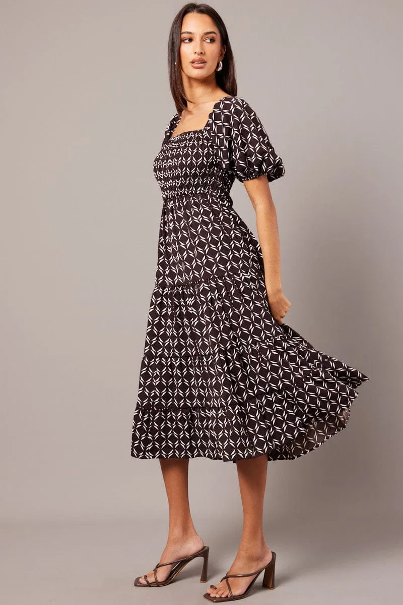 Brown Geo Midi Dress Puff Sleeve Shirred Bust