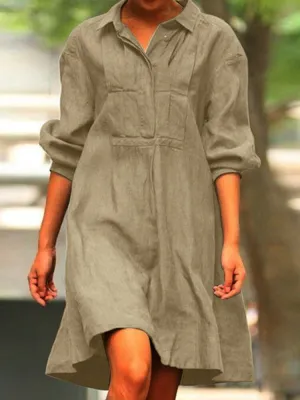 Casual Pure Color Lapel Collar Long Sleeve Pleated Shirt Women Midi Dress