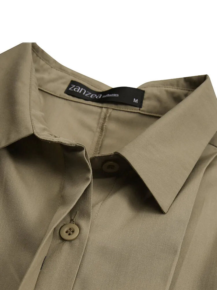 Casual Pure Color Lapel Collar Long Sleeve Pleated Shirt Women Midi Dress