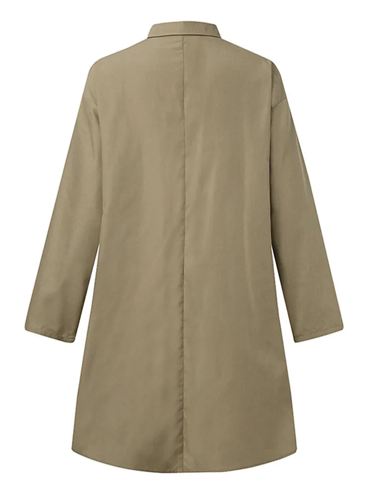 Casual Pure Color Lapel Collar Long Sleeve Pleated Shirt Women Midi Dress
