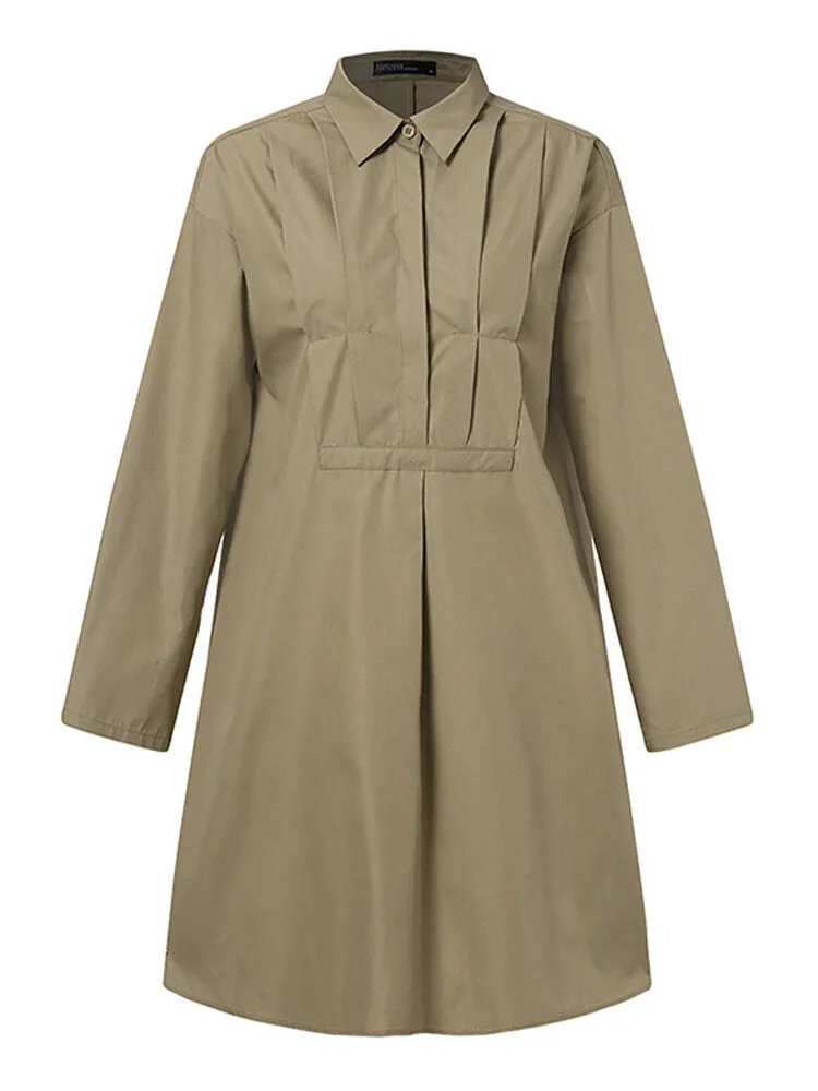 Casual Pure Color Lapel Collar Long Sleeve Pleated Shirt Women Midi Dress