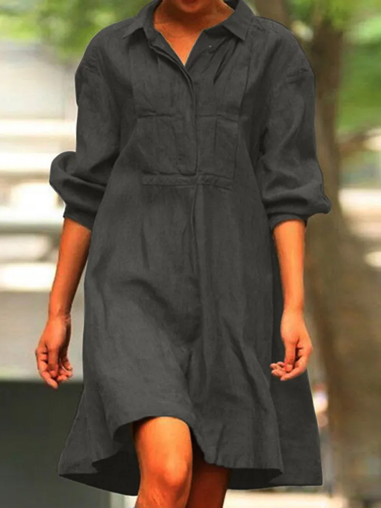 Casual Pure Color Lapel Collar Long Sleeve Pleated Shirt Women Midi Dress