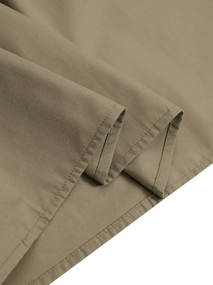 Casual Pure Color Lapel Collar Long Sleeve Pleated Shirt Women Midi Dress