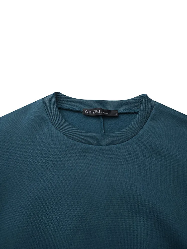 Casual Round Neck Long Sleeve Splited Thick Pure Color Sweatshirt Women Midi Dress