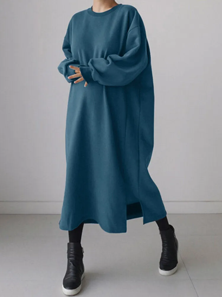 Casual Round Neck Long Sleeve Splited Thick Pure Color Sweatshirt Women Midi Dress