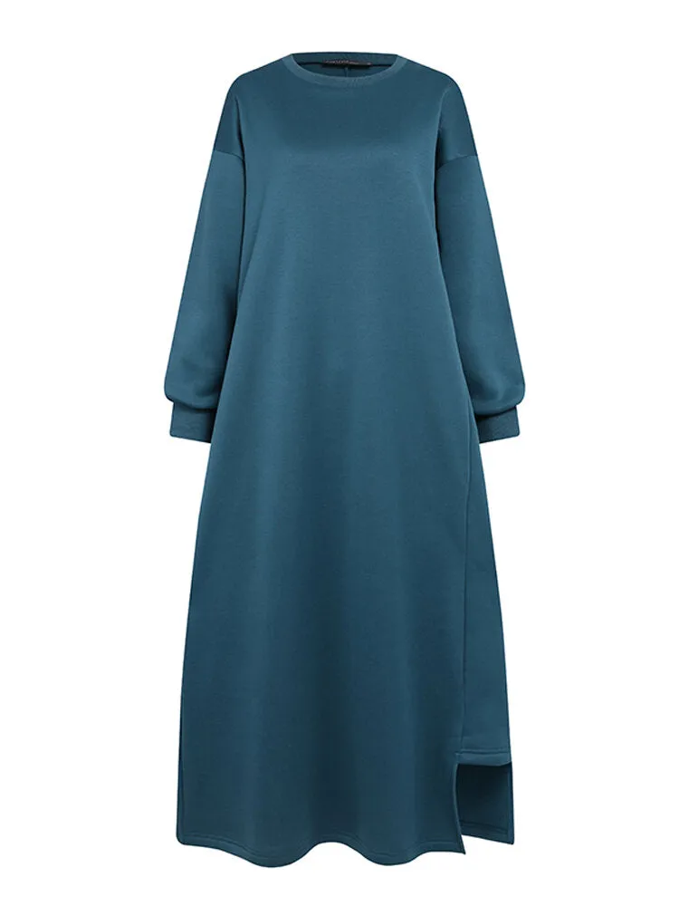 Casual Round Neck Long Sleeve Splited Thick Pure Color Sweatshirt Women Midi Dress