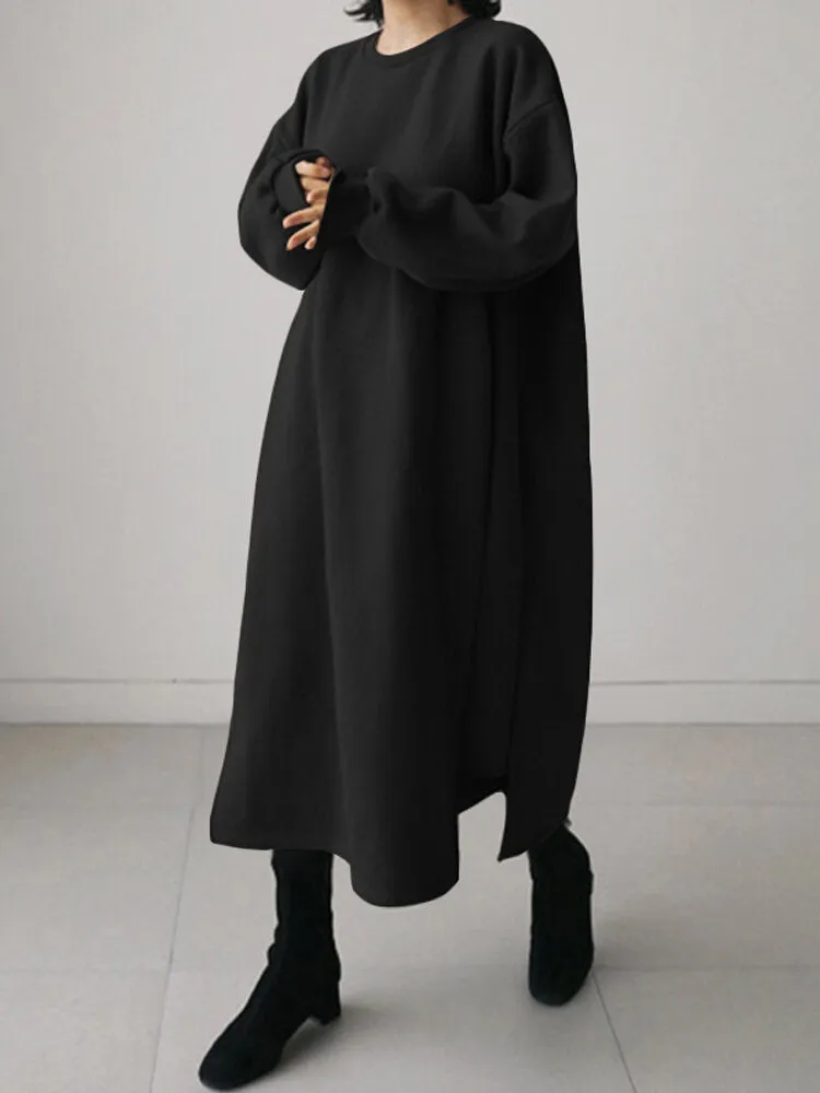 Casual Round Neck Long Sleeve Splited Thick Pure Color Sweatshirt Women Midi Dress