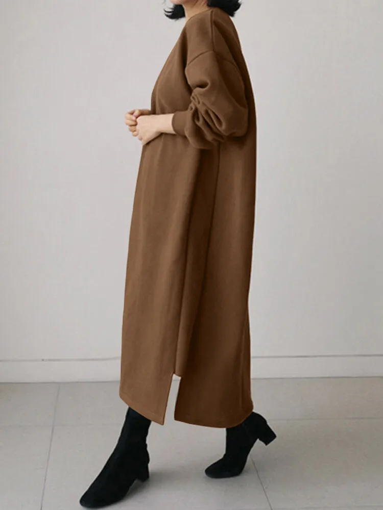 Casual Round Neck Long Sleeve Splited Thick Pure Color Sweatshirt Women Midi Dress