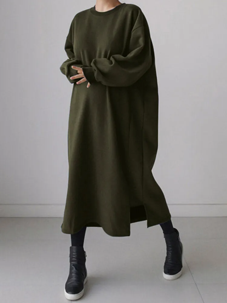 Casual Round Neck Long Sleeve Splited Thick Pure Color Sweatshirt Women Midi Dress