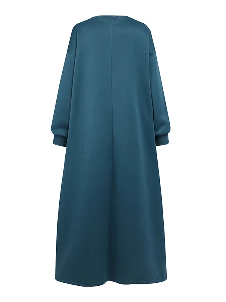 Casual Round Neck Long Sleeve Splited Thick Pure Color Sweatshirt Women Midi Dress