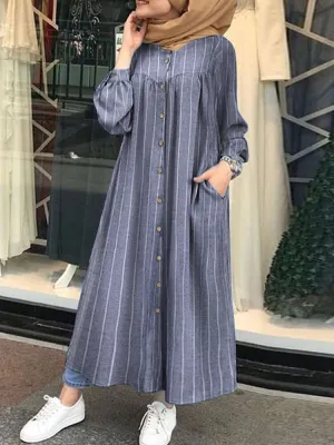 Casual Stripe Print Button Long Sleeve Pocket Shirt Women Maxi Dress