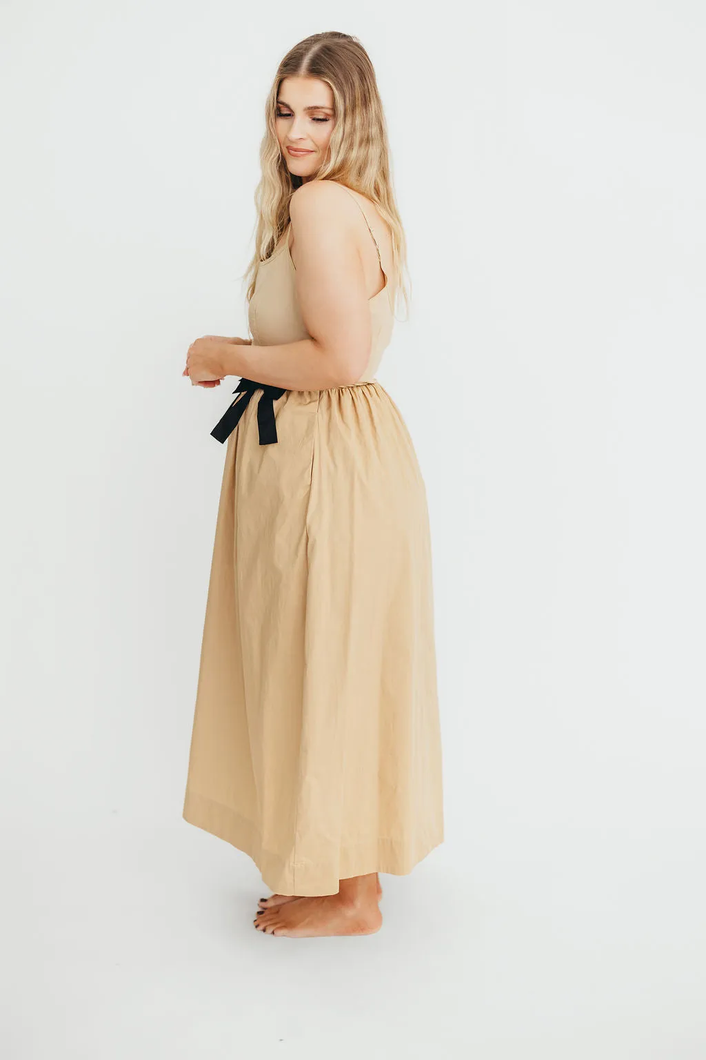 Celeste Square Neck Midi Dress with Bow Detail in Khaki