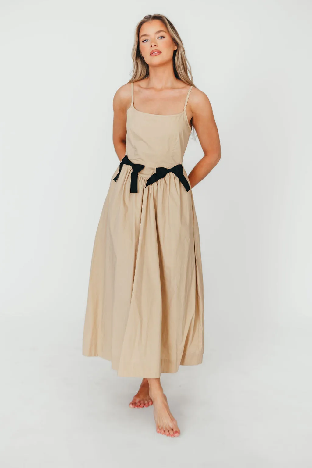 Celeste Square Neck Midi Dress with Bow Detail in Khaki