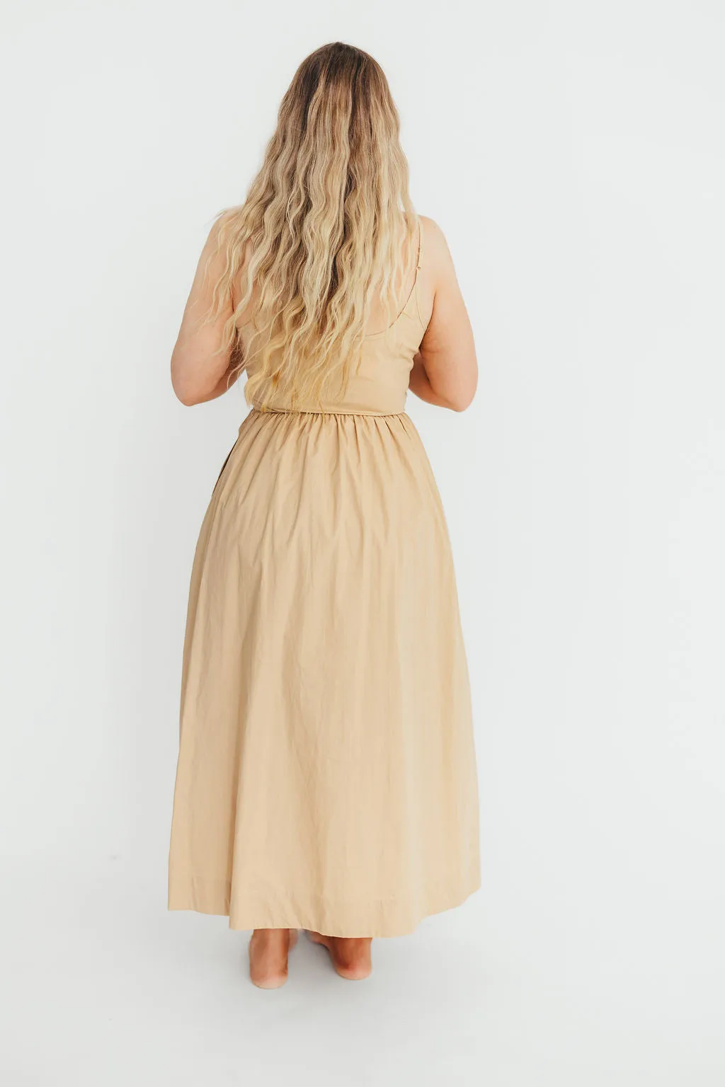 Celeste Square Neck Midi Dress with Bow Detail in Khaki