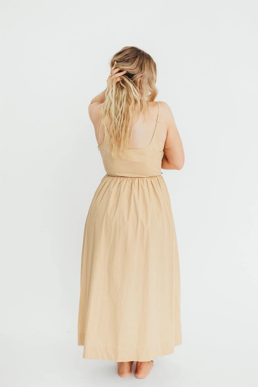Celeste Square Neck Midi Dress with Bow Detail in Khaki