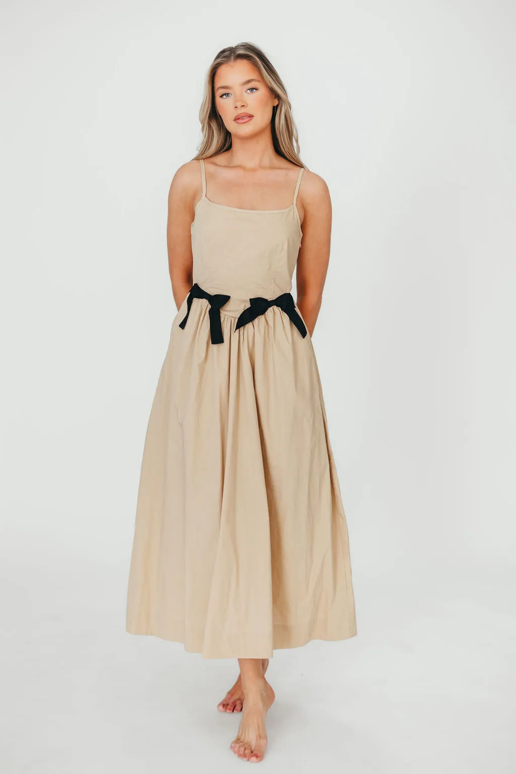 Celeste Square Neck Midi Dress with Bow Detail in Khaki