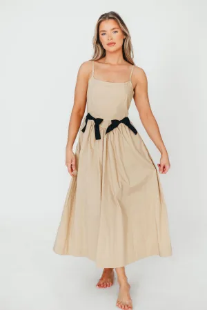Celeste Square Neck Midi Dress with Bow Detail in Khaki
