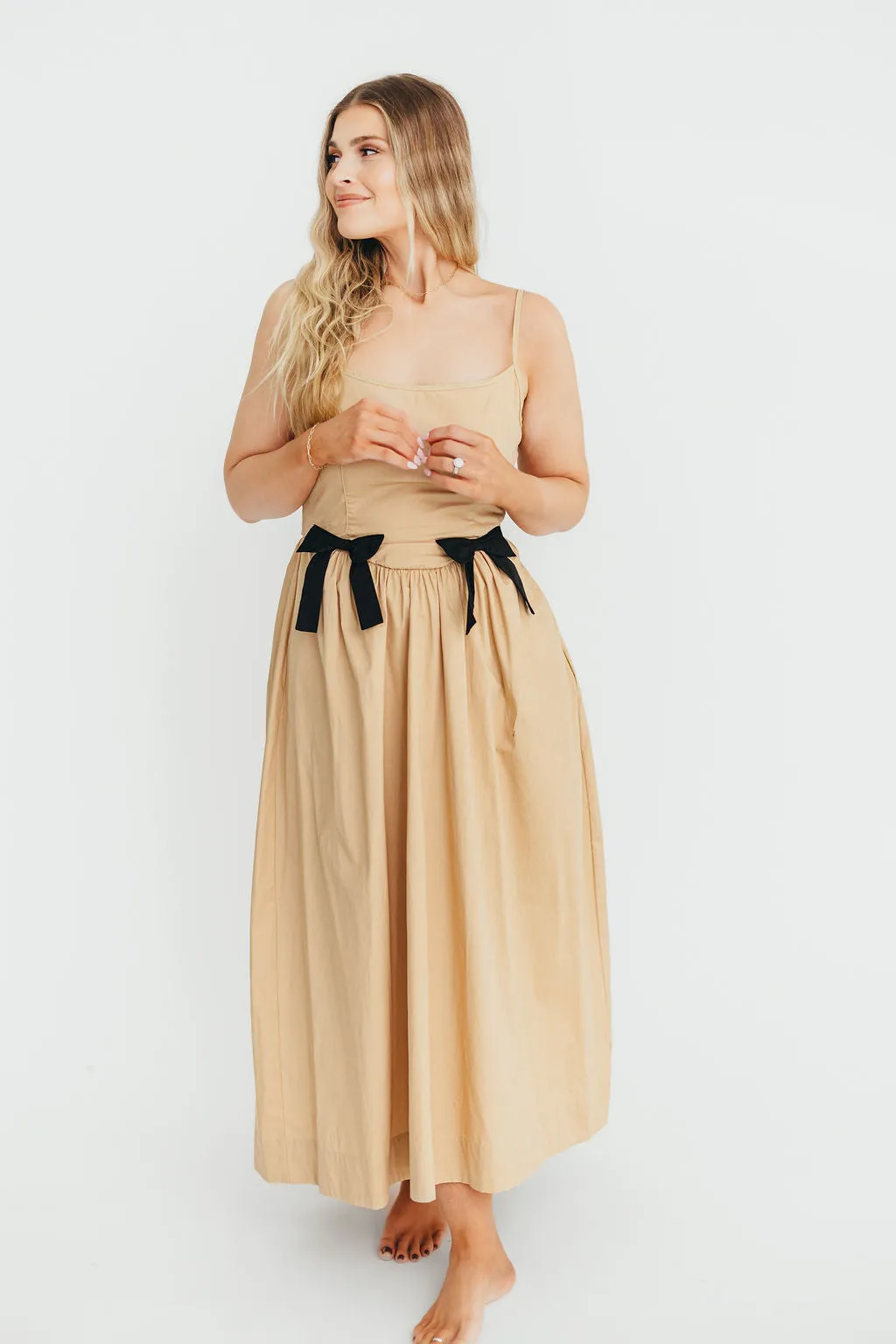 Celeste Square Neck Midi Dress with Bow Detail in Khaki