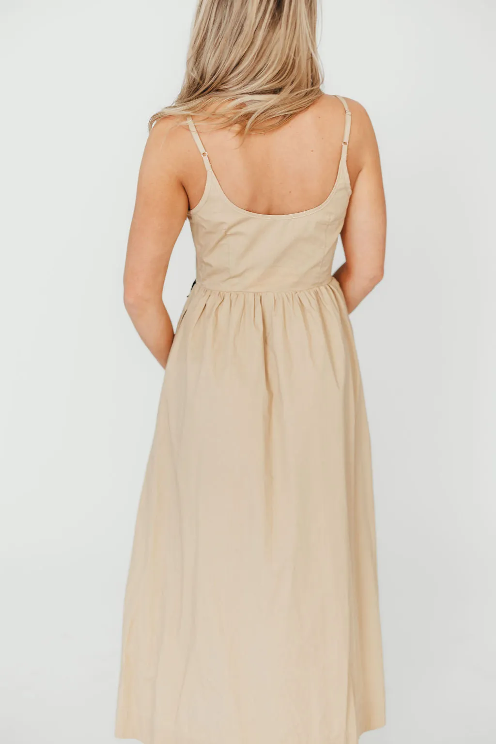 Celeste Square Neck Midi Dress with Bow Detail in Khaki