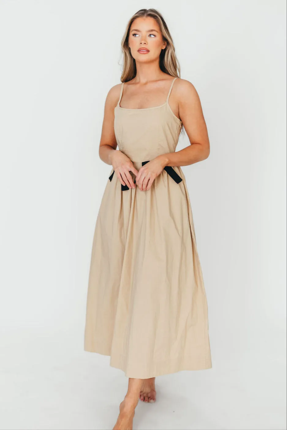 Celeste Square Neck Midi Dress with Bow Detail in Khaki