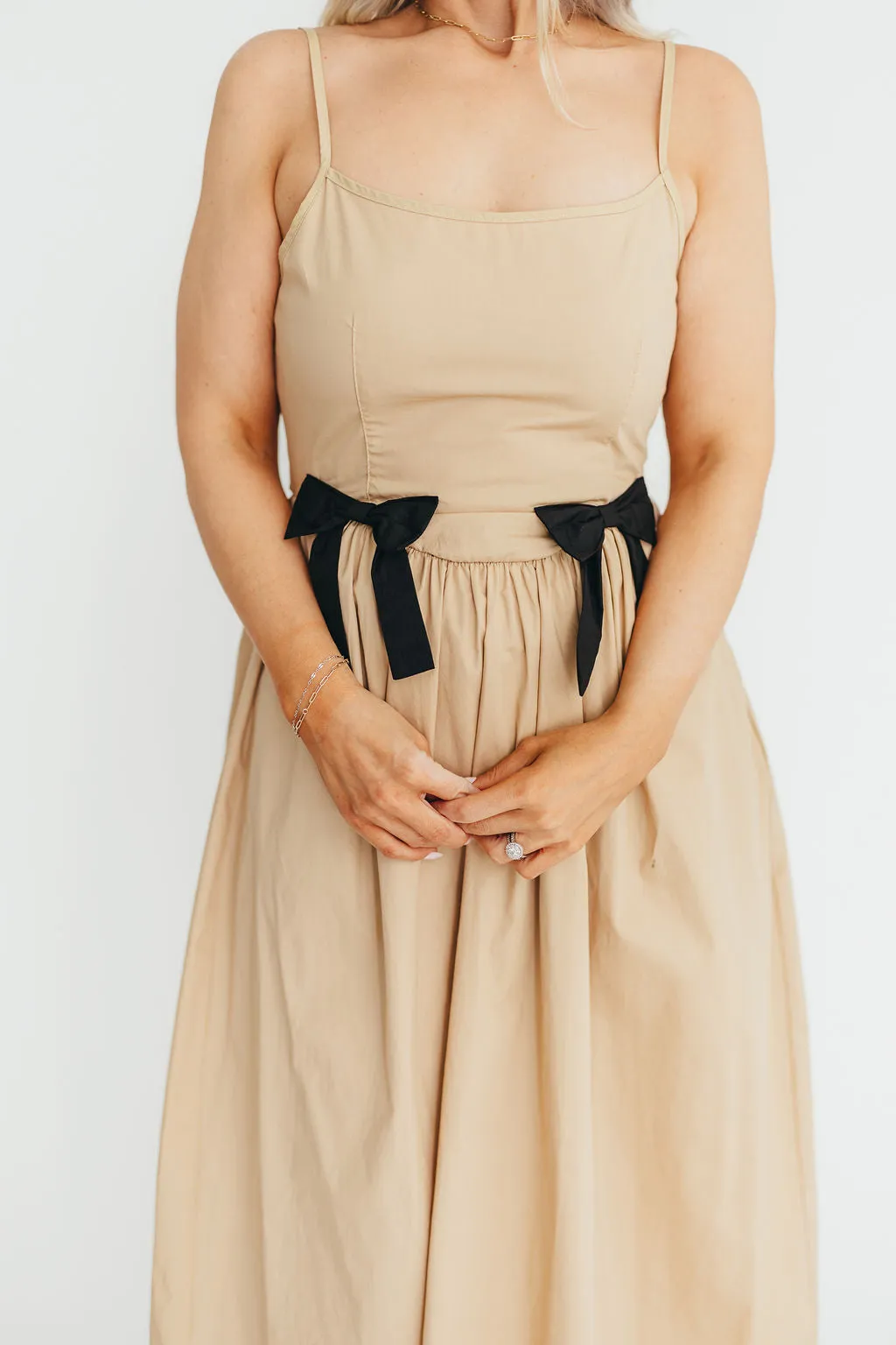 Celeste Square Neck Midi Dress with Bow Detail in Khaki