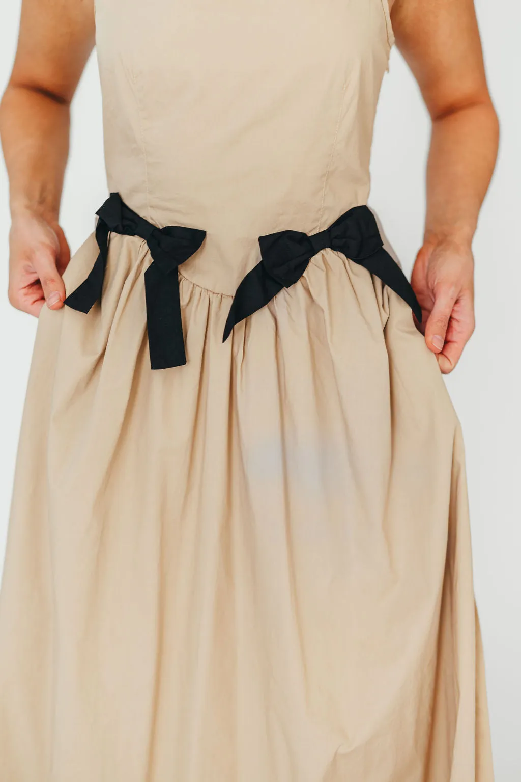 Celeste Square Neck Midi Dress with Bow Detail in Khaki