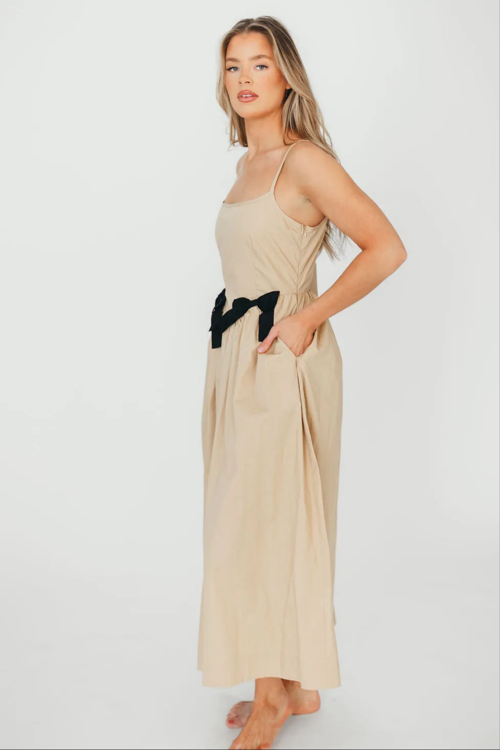 Celeste Square Neck Midi Dress with Bow Detail in Khaki