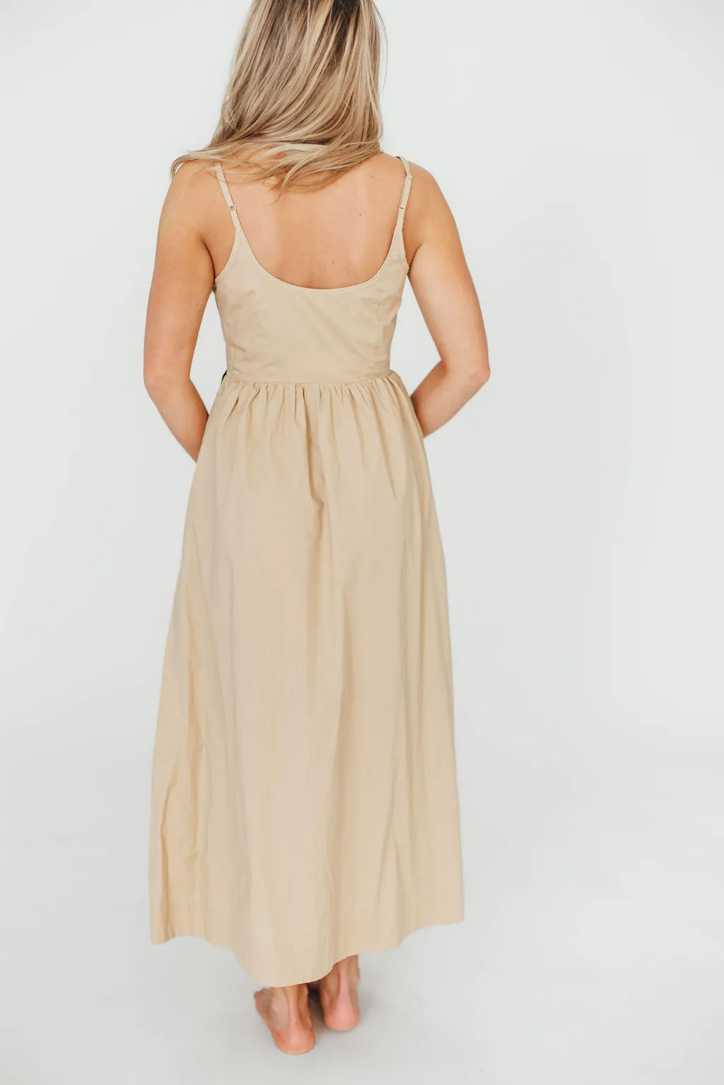 Celeste Square Neck Midi Dress with Bow Detail in Khaki