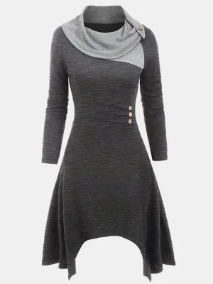 Contrasting Colors Patchwork Asymmetrical Hem Vintage Women Midi Dress