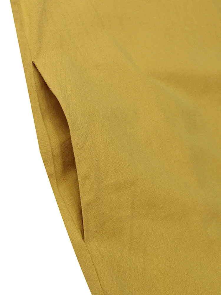 Cotton Pure Color Ruffles Round Neck Short Sleeve Casual Women Midi Dress