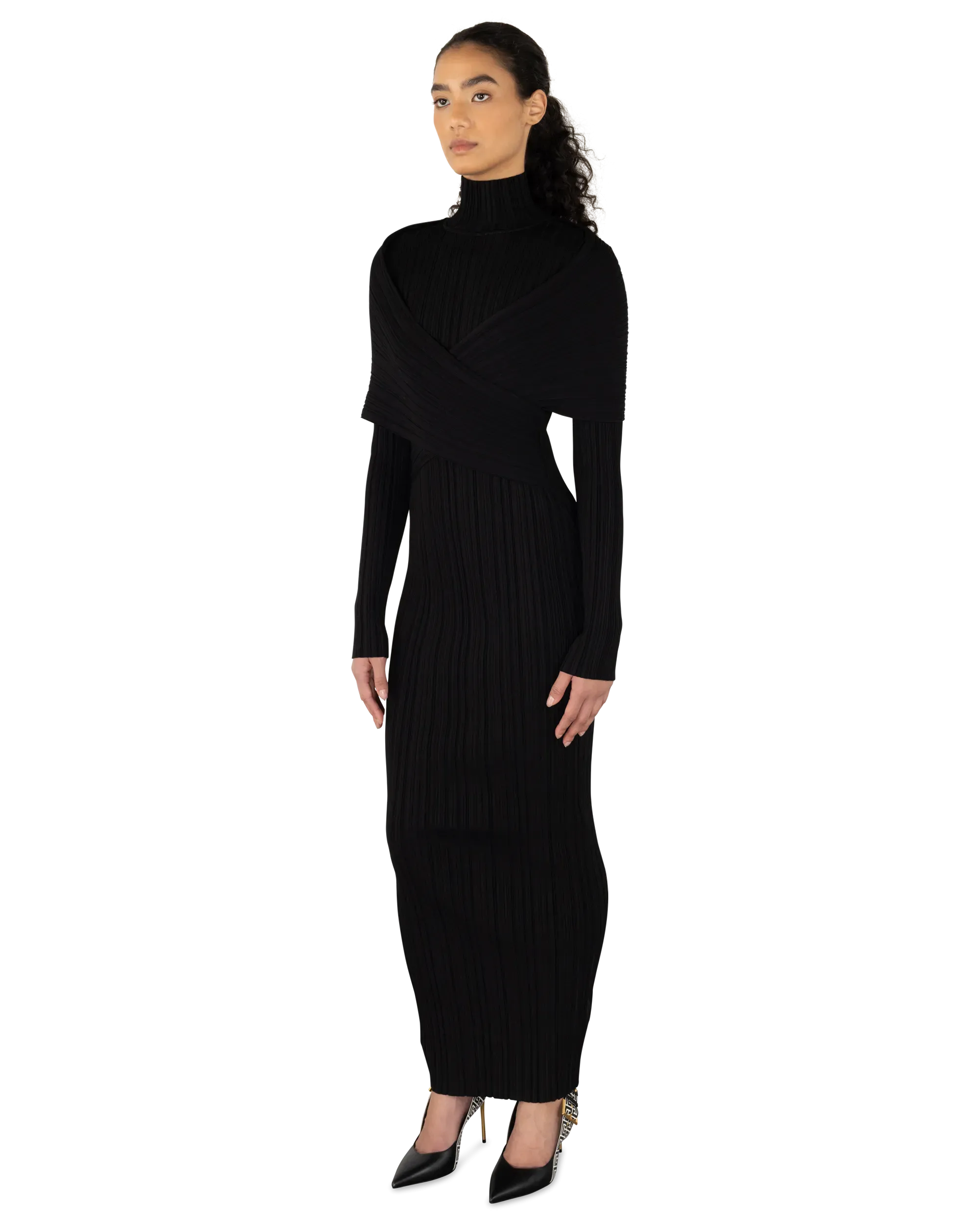 Criss Cross Pleated Knit Maxi Dress