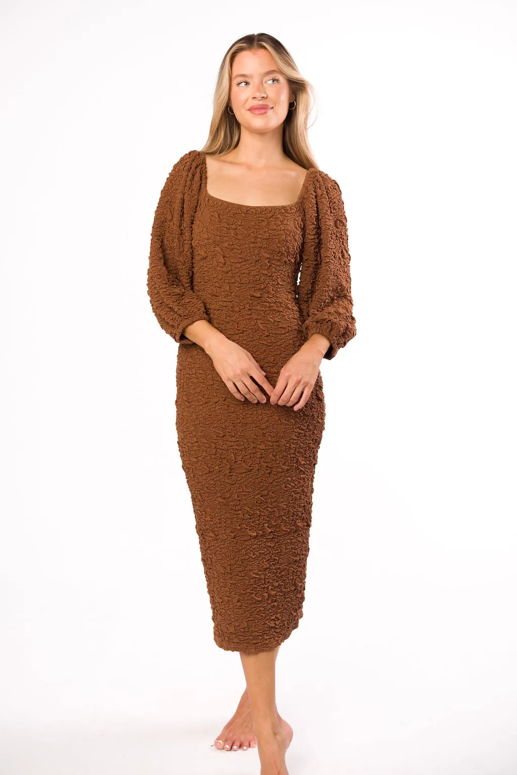 Darcy Square Neck Midi Dress in Brown - Bump Friendly