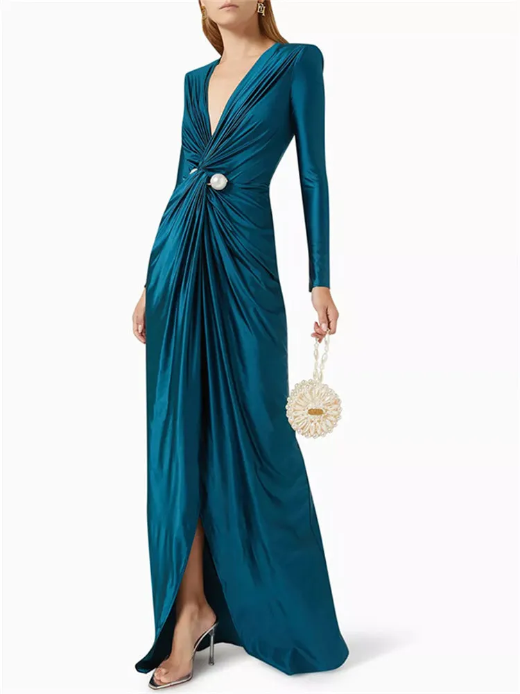 Deep V-Neck Pleated Prom Evening Dress