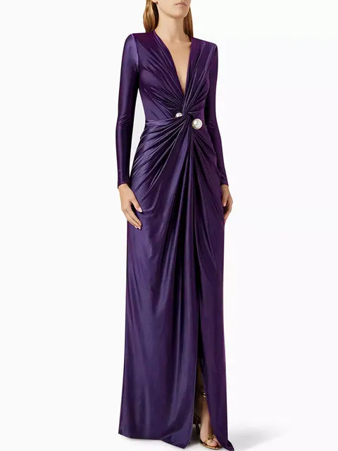 Deep V-Neck Pleated Prom Evening Dress