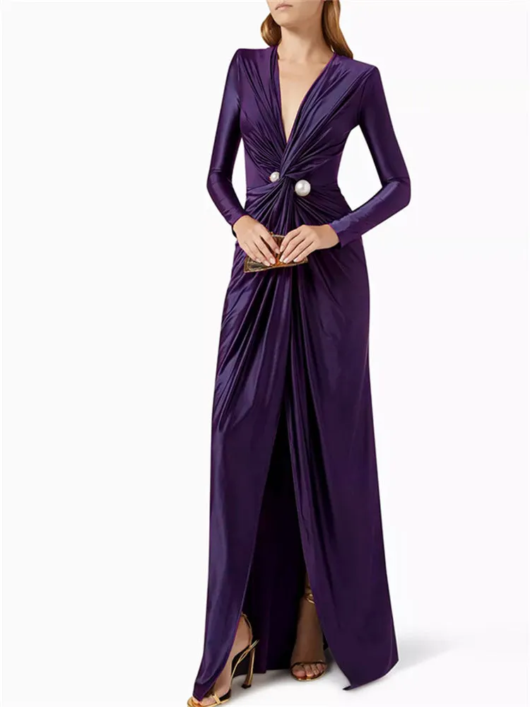 Deep V-Neck Pleated Prom Evening Dress