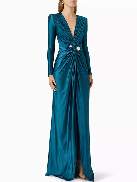 Deep V-Neck Pleated Prom Evening Dress