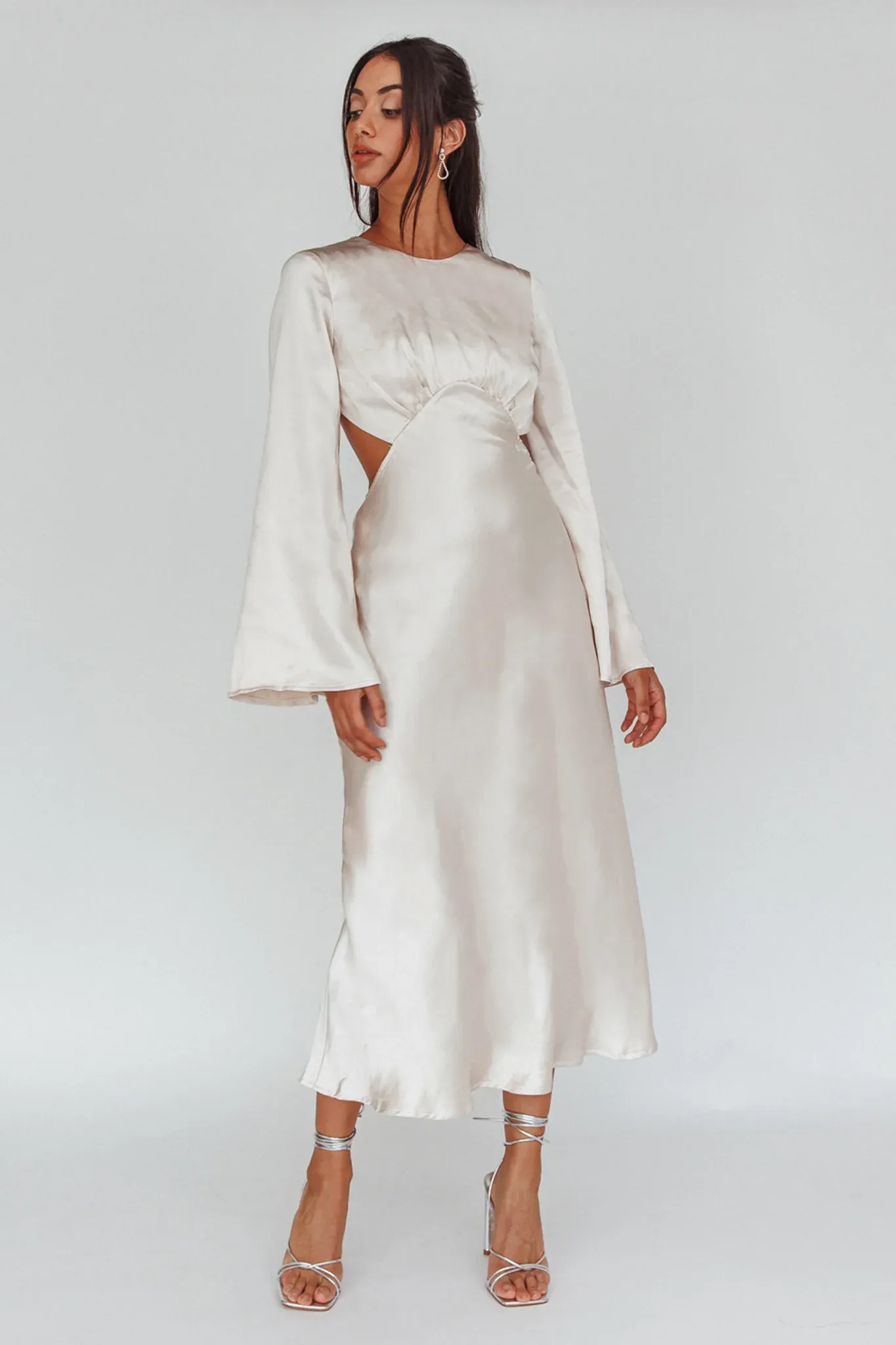 Doting Bell Sleeve Cut-Out Midi Dress Champagne