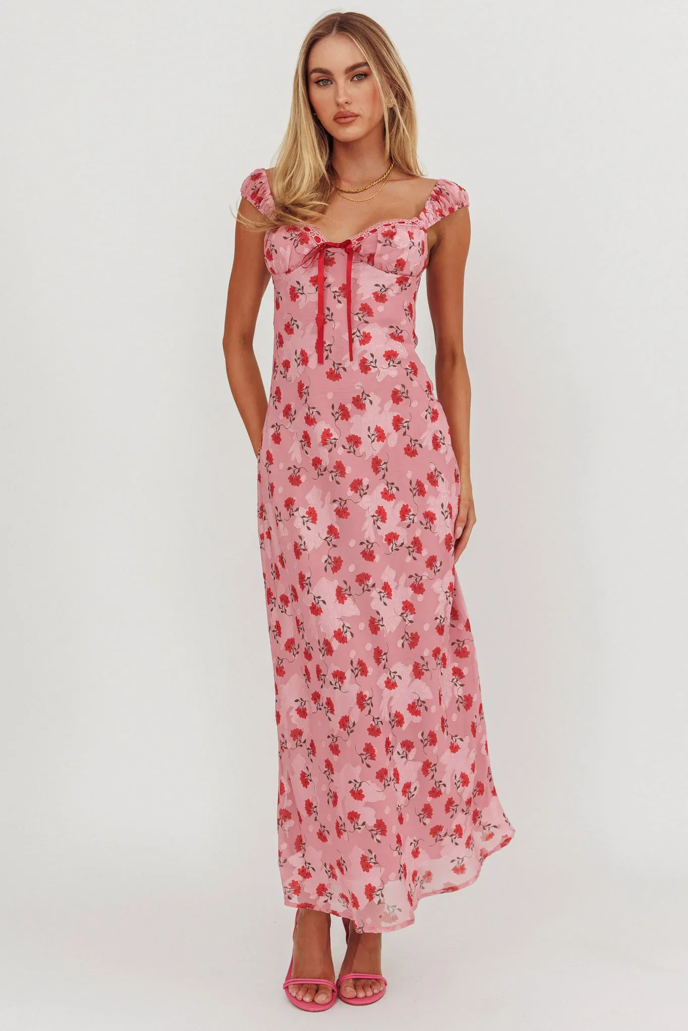 Femme Belle Ribbon Trim Maxi Dress Floral Pink