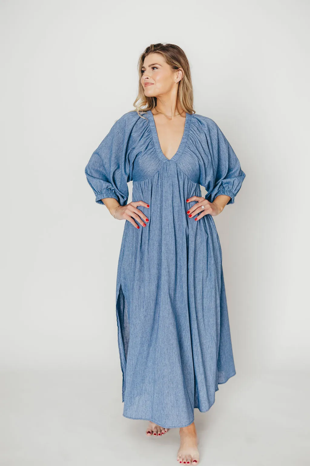 Finn V-Neck Midi Dress in Blue
