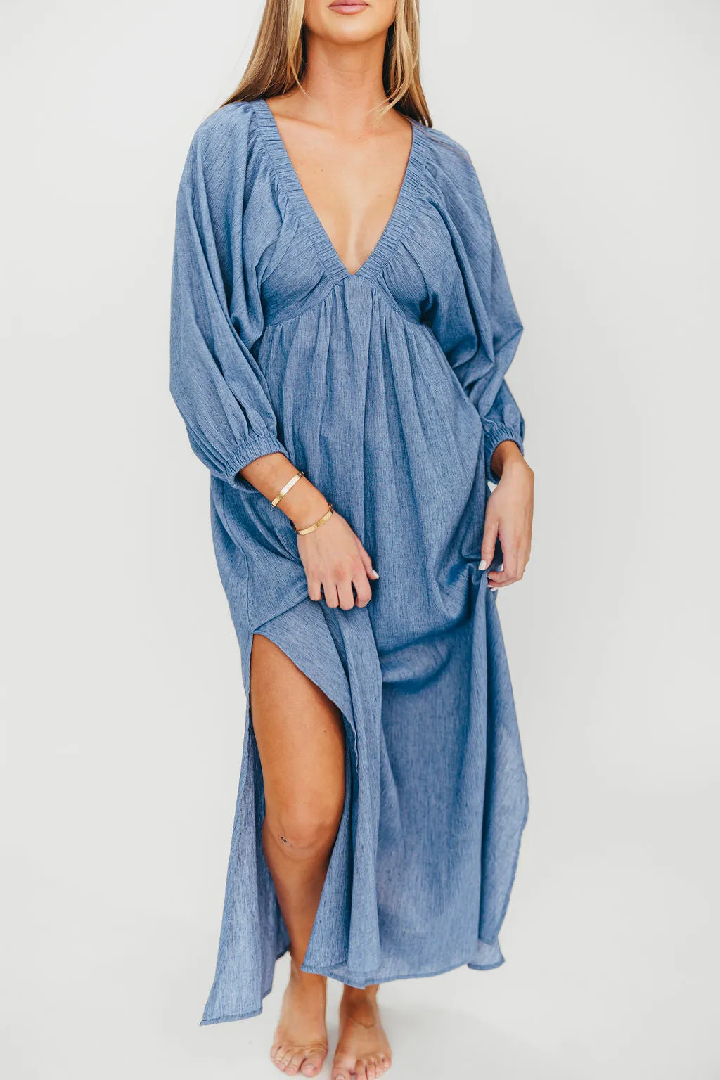 Finn V-Neck Midi Dress in Blue