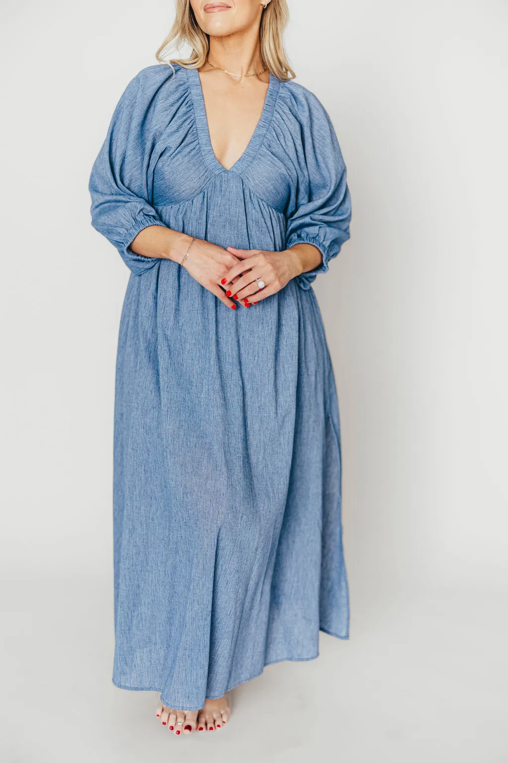 Finn V-Neck Midi Dress in Blue