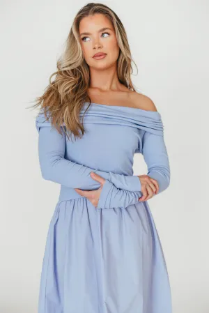 Francis Long Sleeve Off-Shoulder Midi Dress in Blue