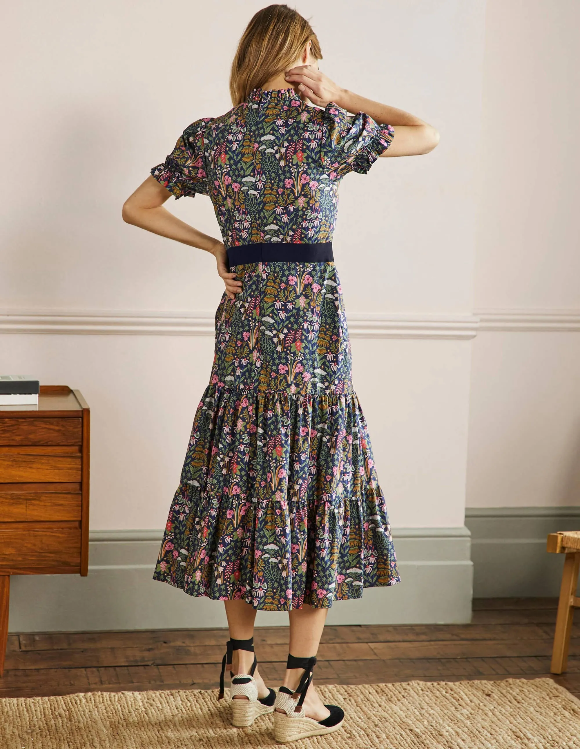 Frill Neck Tiered Midi Dress-French Navy. Wildflower Bloom