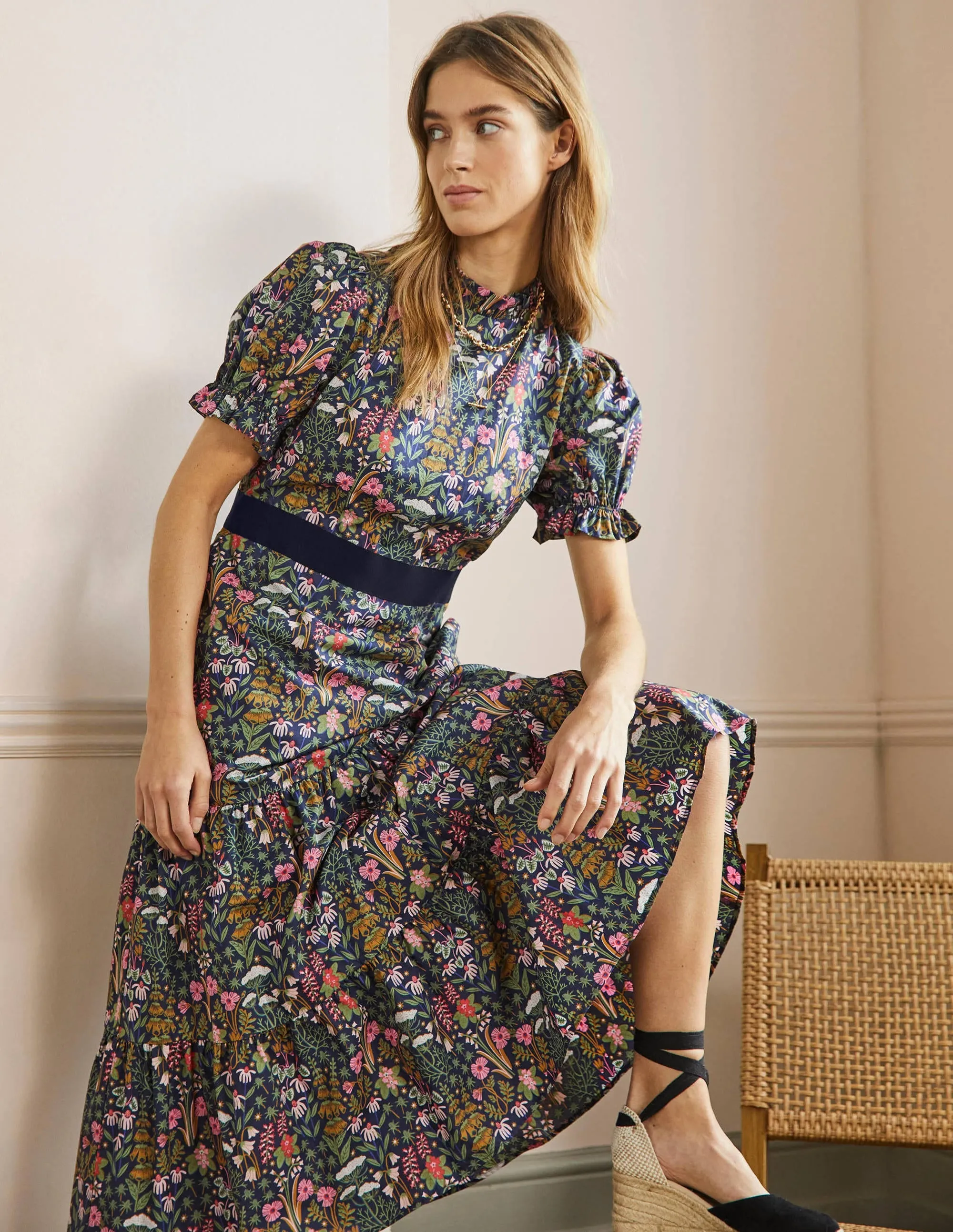Frill Neck Tiered Midi Dress-French Navy. Wildflower Bloom