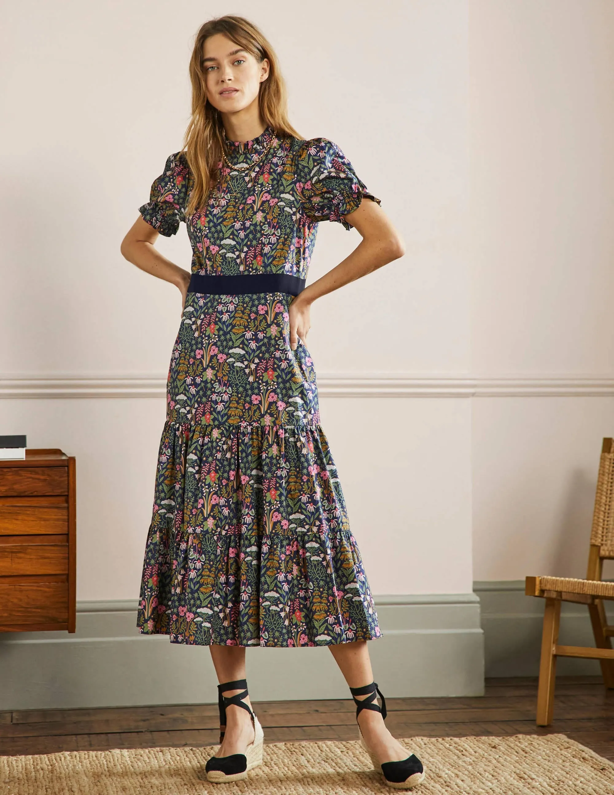 Frill Neck Tiered Midi Dress-French Navy. Wildflower Bloom